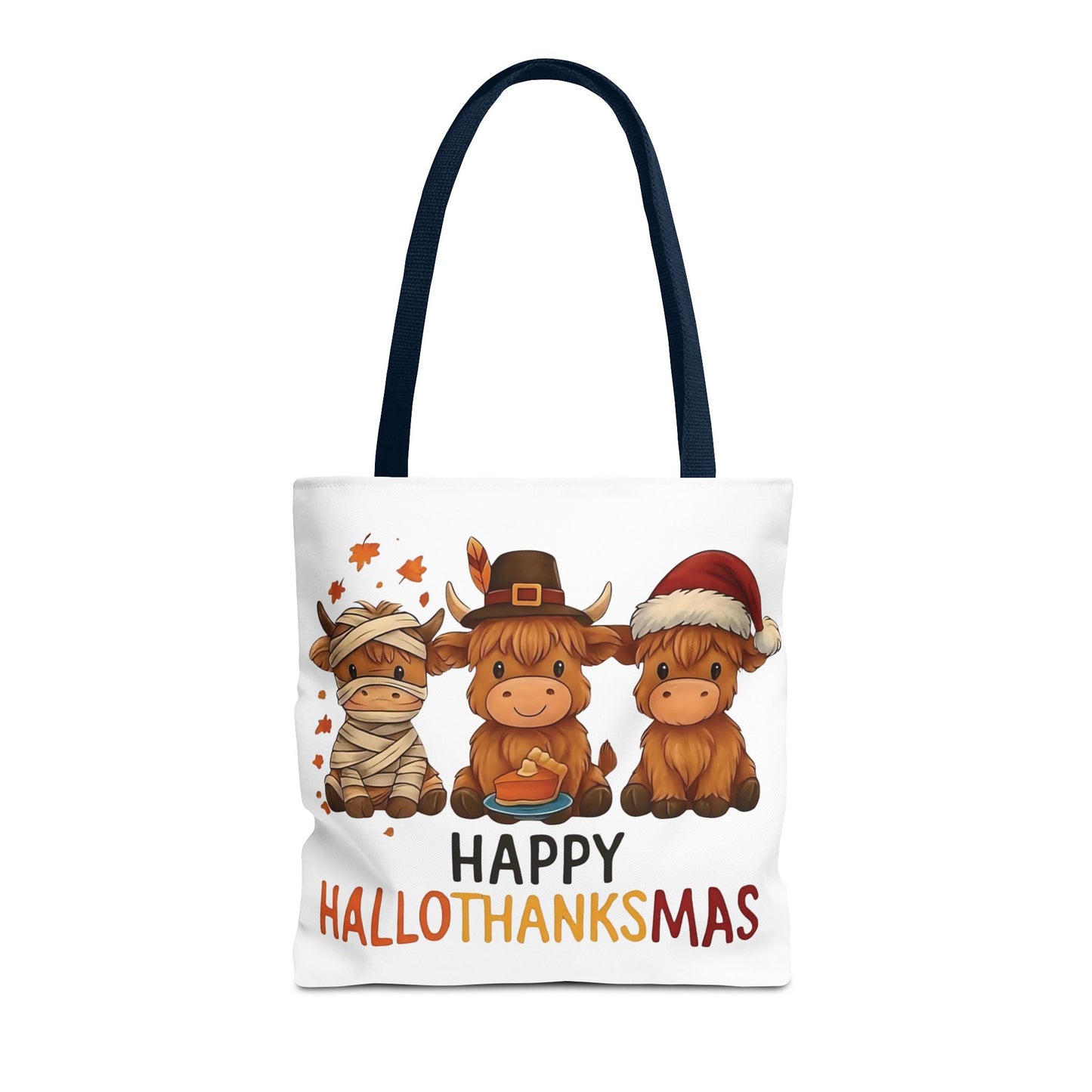 🐮 Happy Hallothanksmas Highland Cow Tote Bag – Holiday Fun All Season 🎃🦃🎄👜