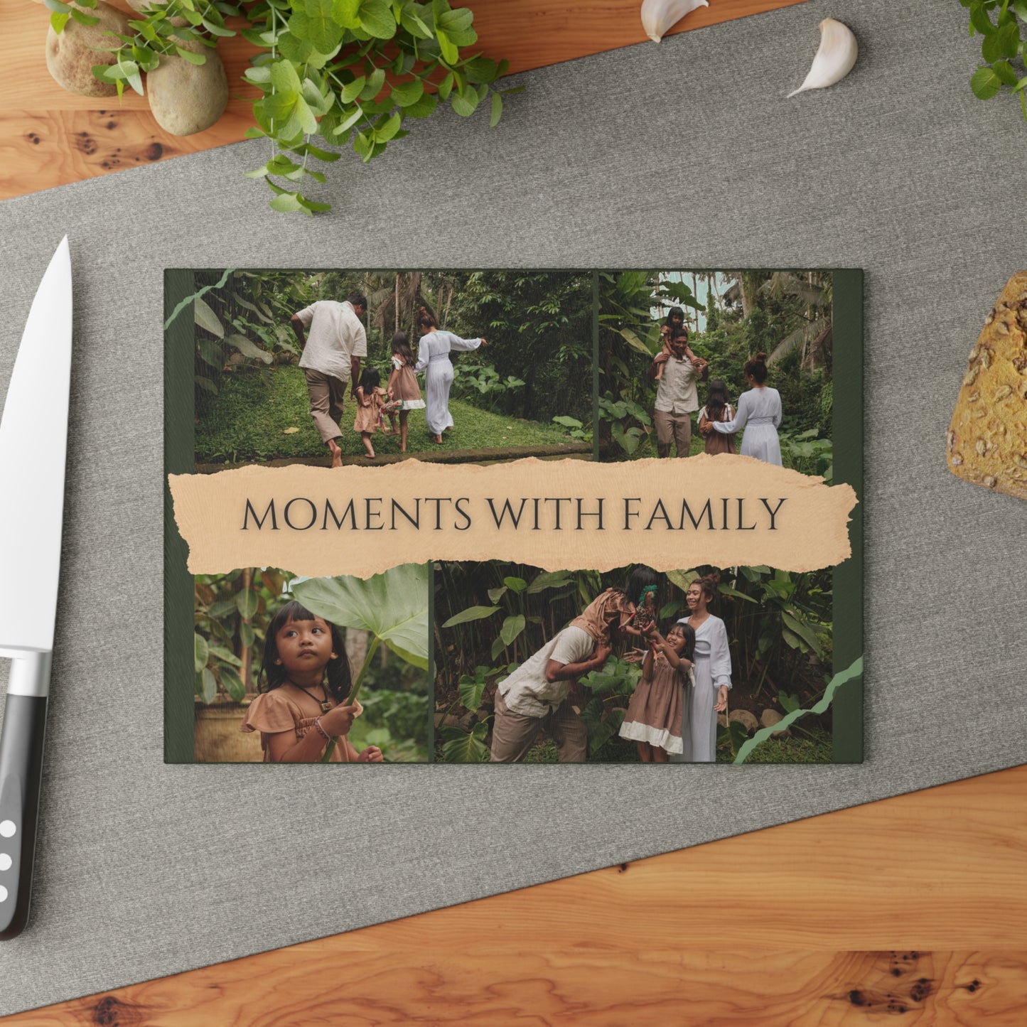 Moments with Family Photo Collage Glass Cutting Board – Personalized Family Memory Keepsake