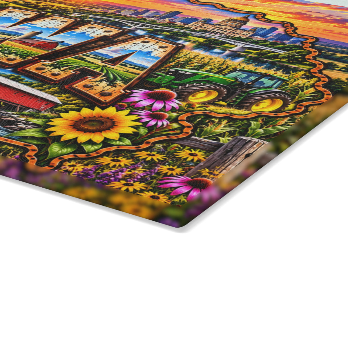 Iowa Glass Cutting Board – Iowa State Map, Farmhouse, Cornfields, Dairy Cow, Tractor & Country Sunset Kitchen Décor