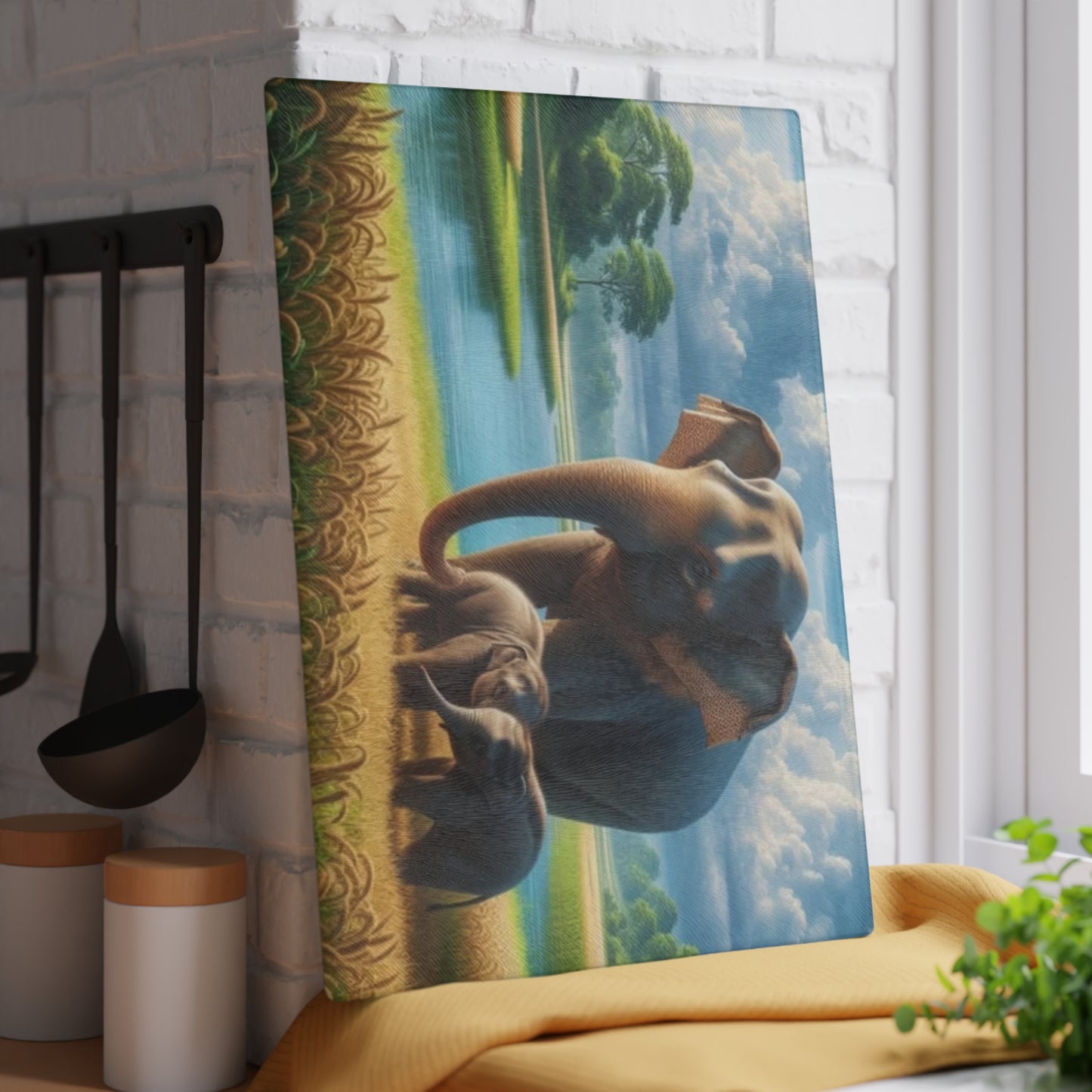 Mama Elephant and Babies Glass Cutting Board – Nature-Inspired Wildlife Kitchen Decor