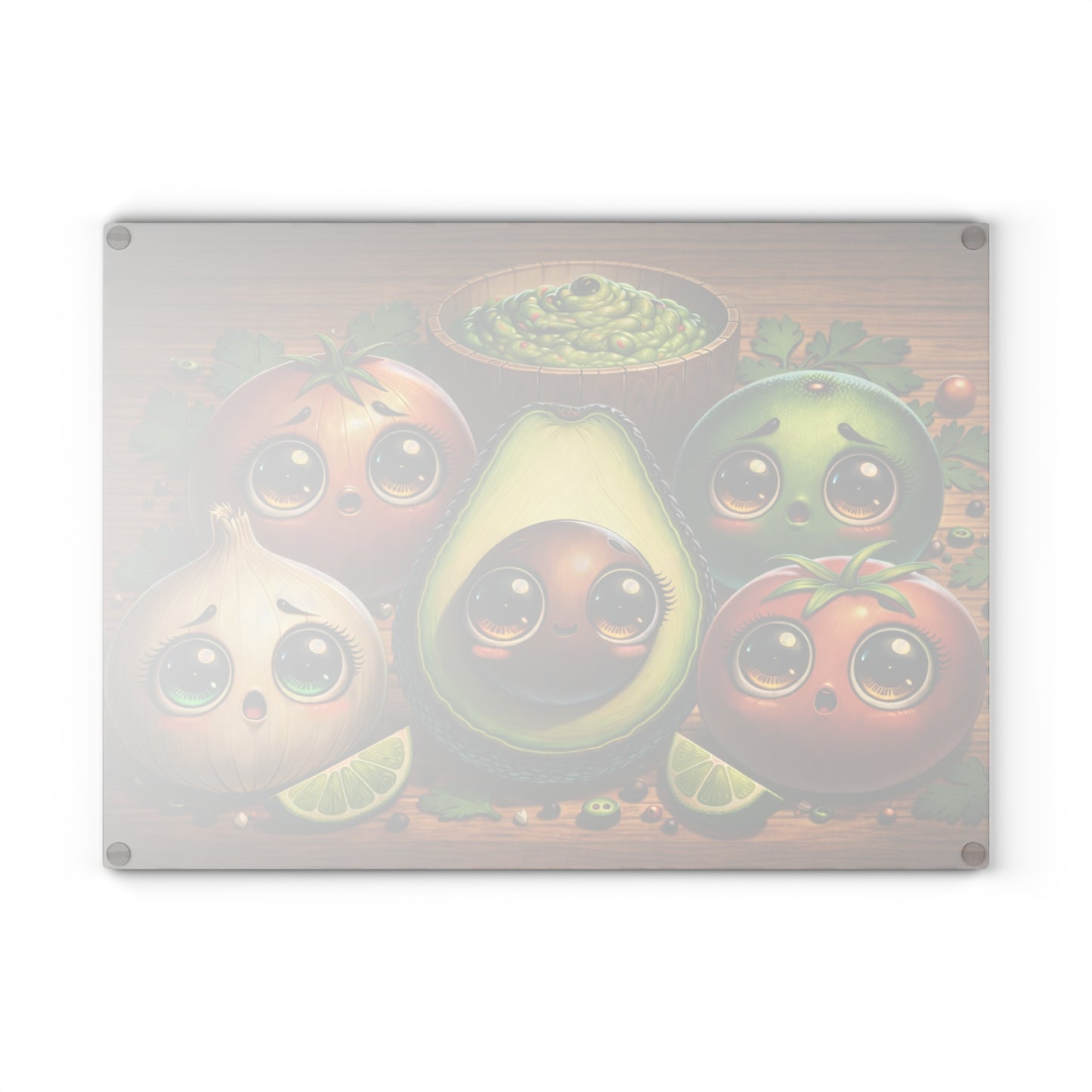 Cute Avocado & Veggie Glass Cutting Board – Whimsical Kitchen Art with Guacamole Charm