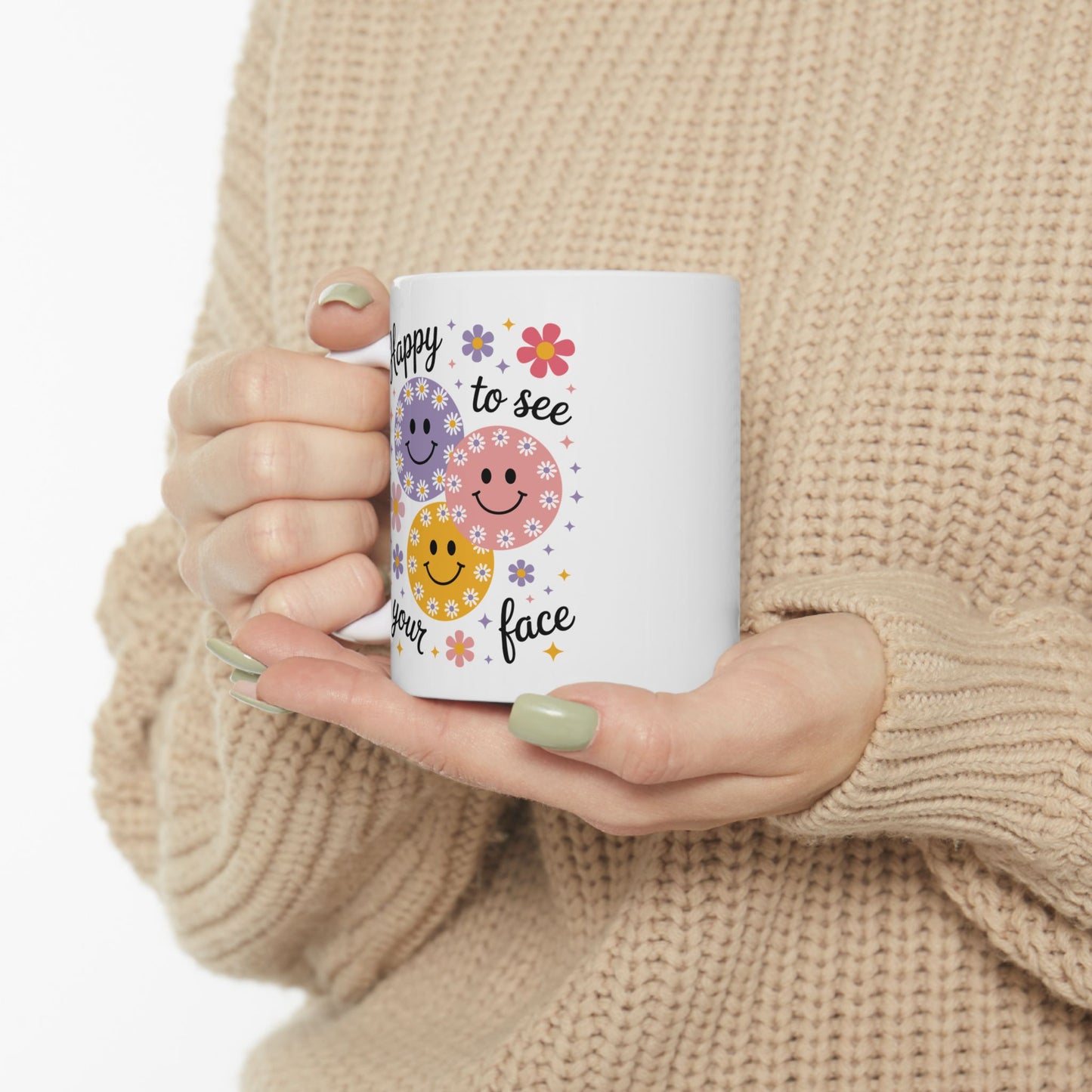 🌸😊 Happy to See Your Face Mug – Retro Smiley Flower Coffee Cup ☕🌼
