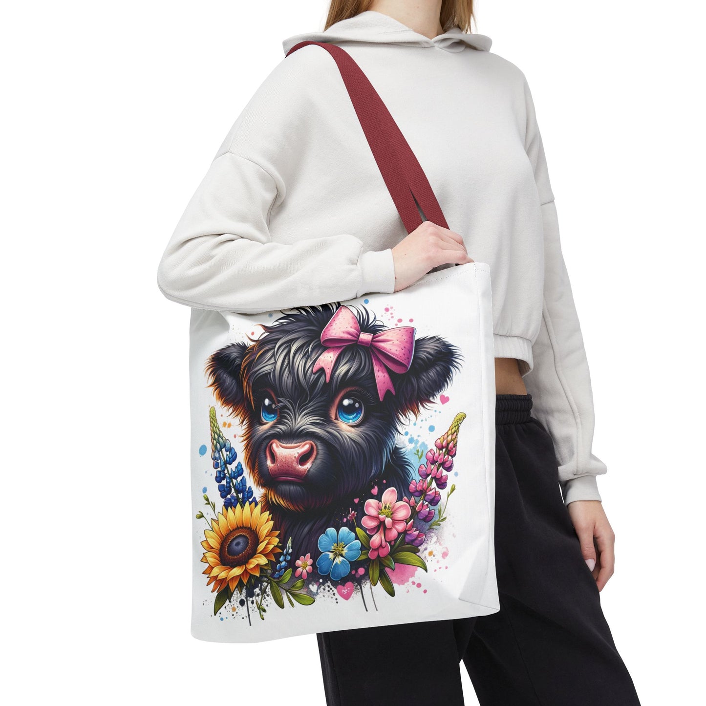 🌸 Black Highland Calf Floral Tote Bag – Sweet Style for Every Age 🐮👜