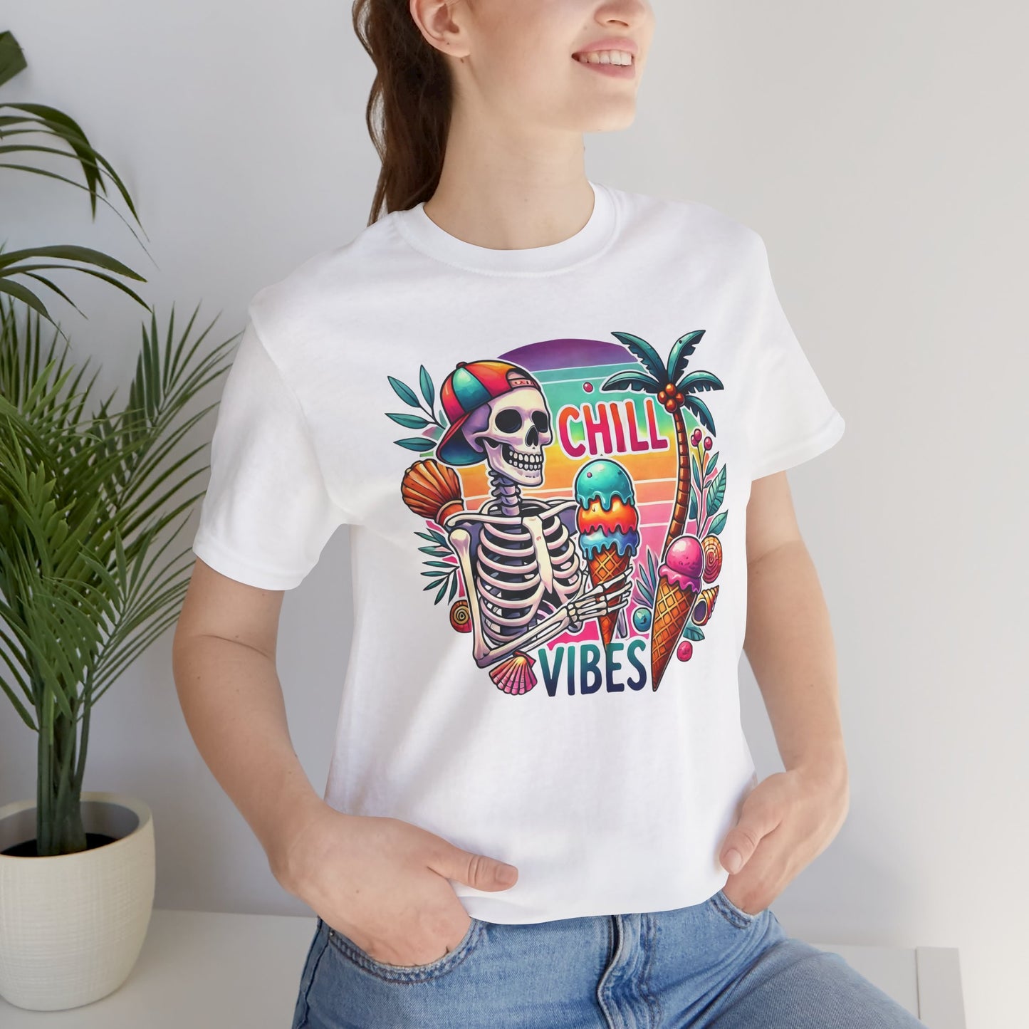 Camiseta Chill Vibes – Esqueleto con helado | Camiseta retro divertida de verano (solo blanca)