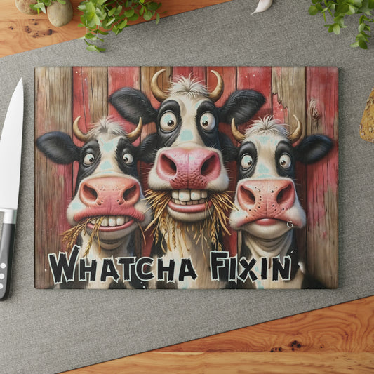 🐄 Whatcha Fixin’ Cow Trio Cutting Board – Funny Farmhouse Kitchen Décor with Rustic Charm