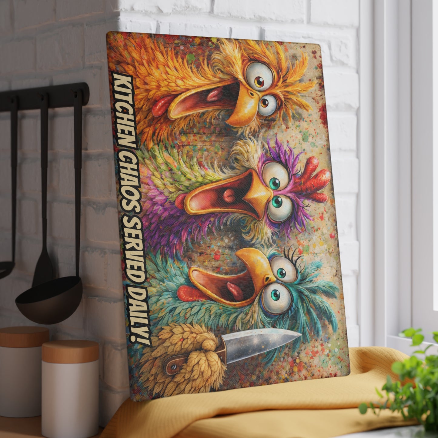 Kitchen Chaos Served Daily Glass Cutting Board – Colorful Chicken Kitchen Humor