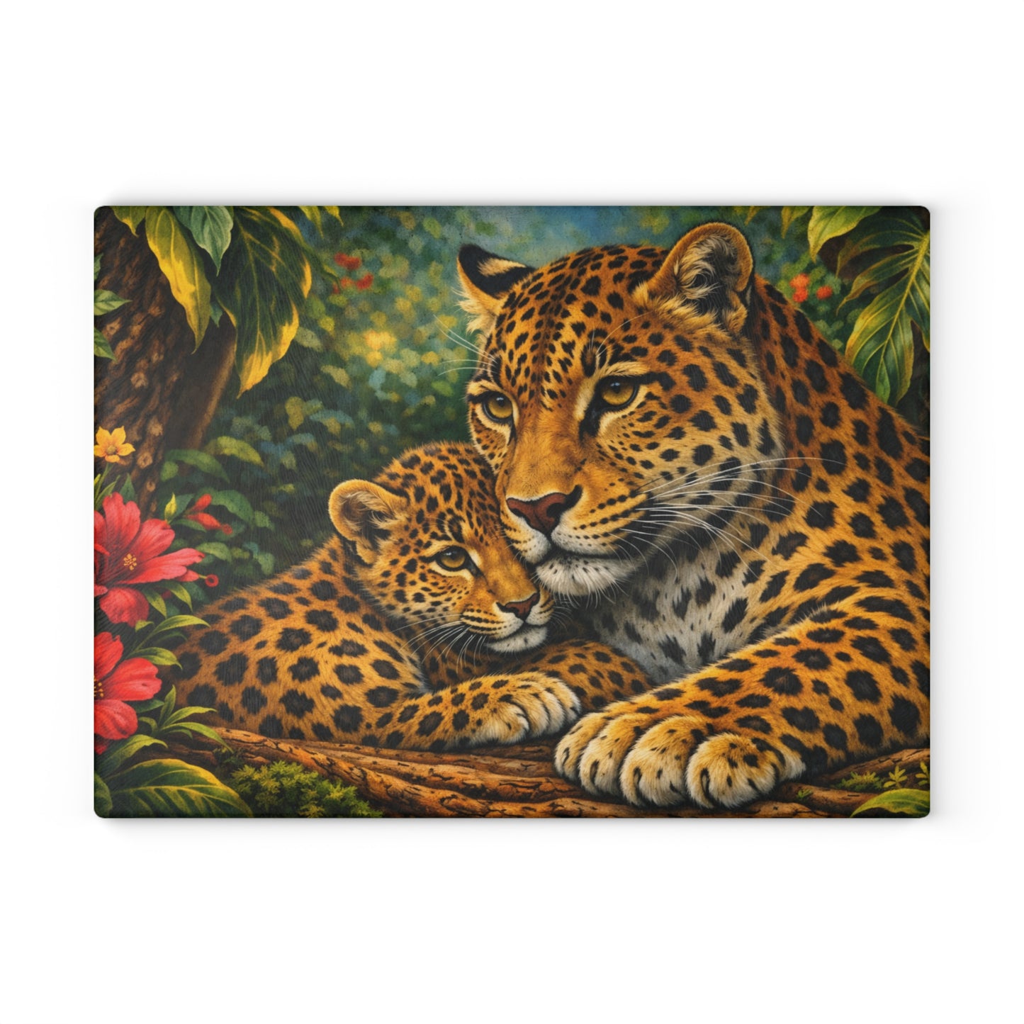 Leopard Mother and Cub Glass Cutting Board – Jungle Wildlife Family Artwork