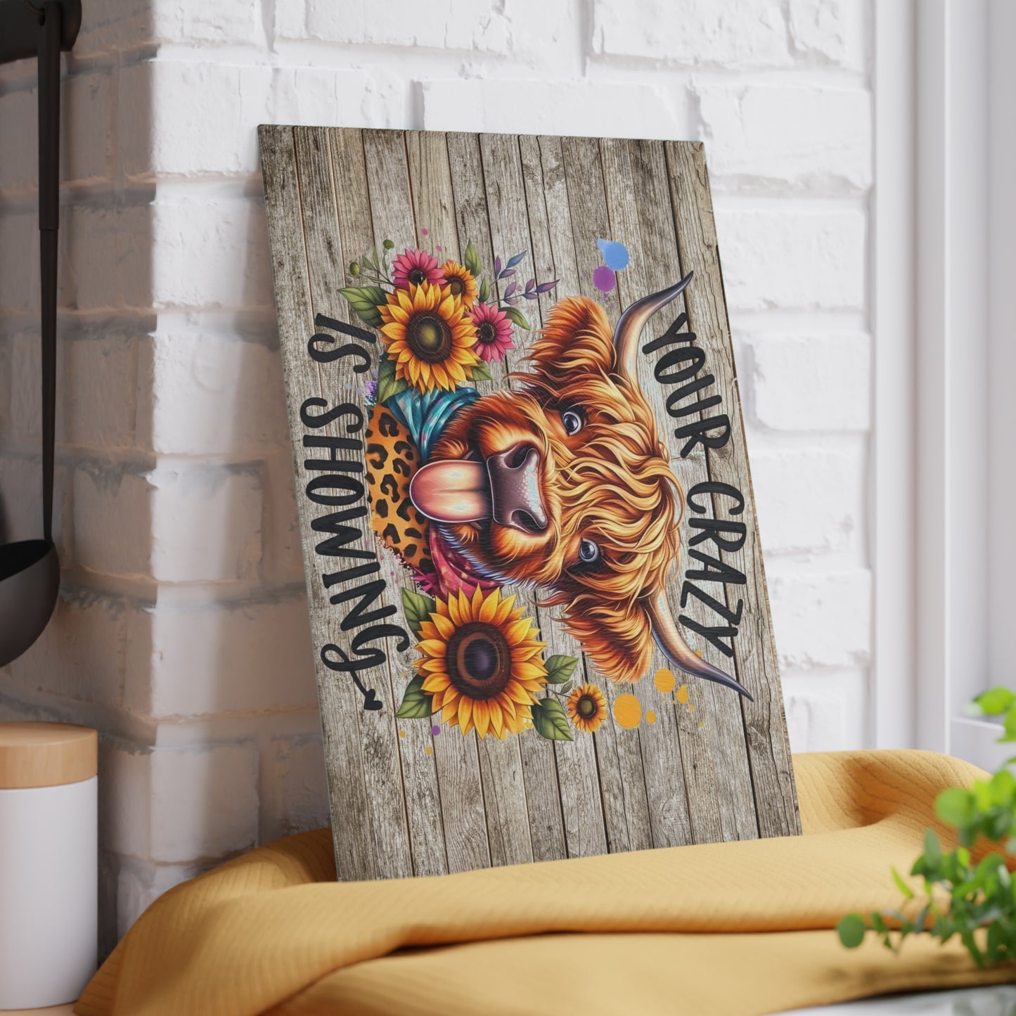 🐮🌻 Your Crazy Is Showing – Highland Cow Glass Cutting Board for Fun & Colorful Kitchens 🎨