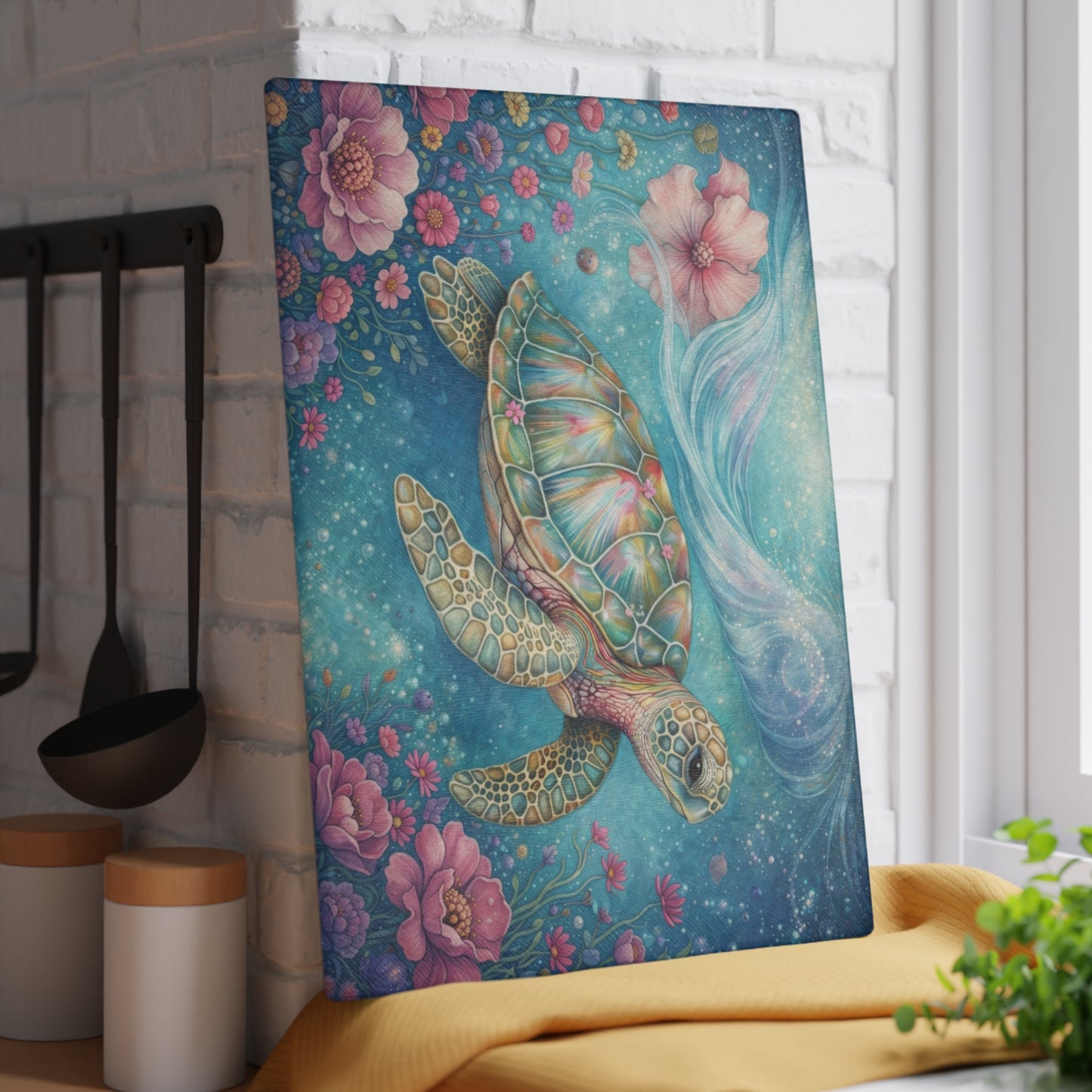 Floral Sea Turtle Glass Cutting Board – Dreamy Ocean Garden with Soft Pastel Blooms
