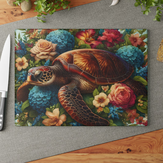 🐢🌺 Sea Turtle in Bloom Cutting Board – Ocean Serenity Meets Garden Elegance 🌊