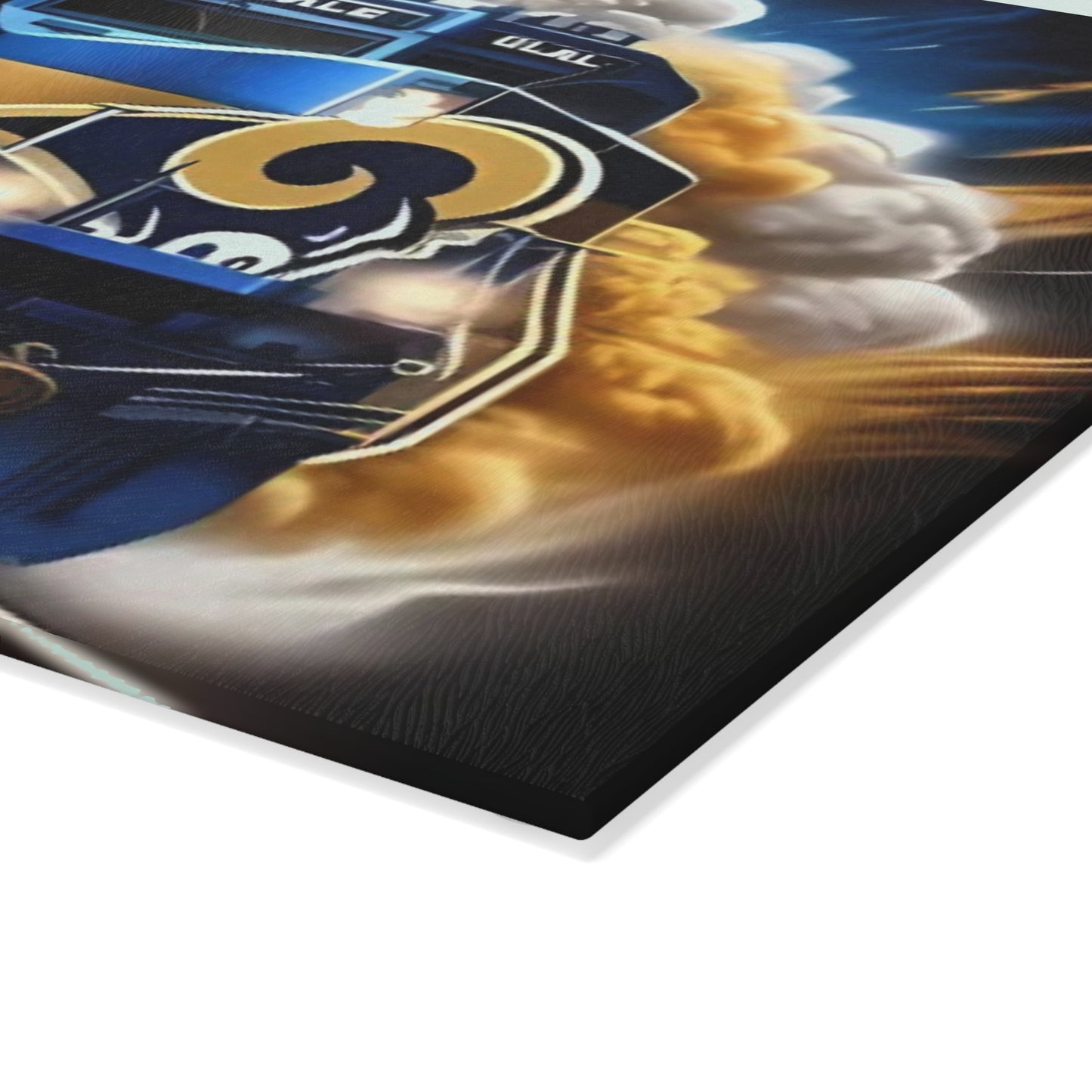 Royal Blue & Yellow Express Glass Cutting Board – High-Energy Train Art for Bright, Bold Kitchens