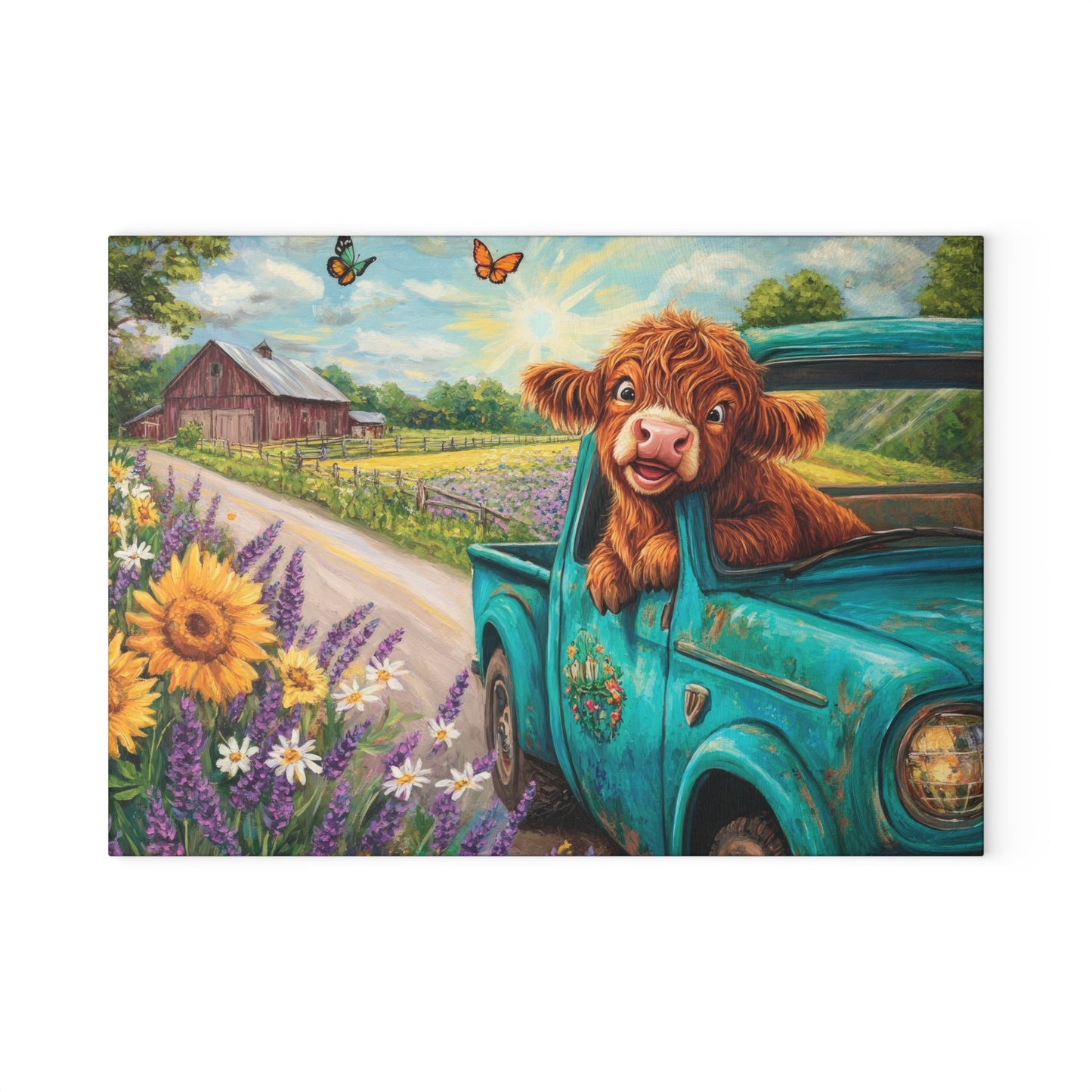 🚚🌼 Excited Baby Highland Cow in Old Truck Glass Cutting Board – Farm Road Joyride with Sunflowers & Barn 🐮🌻