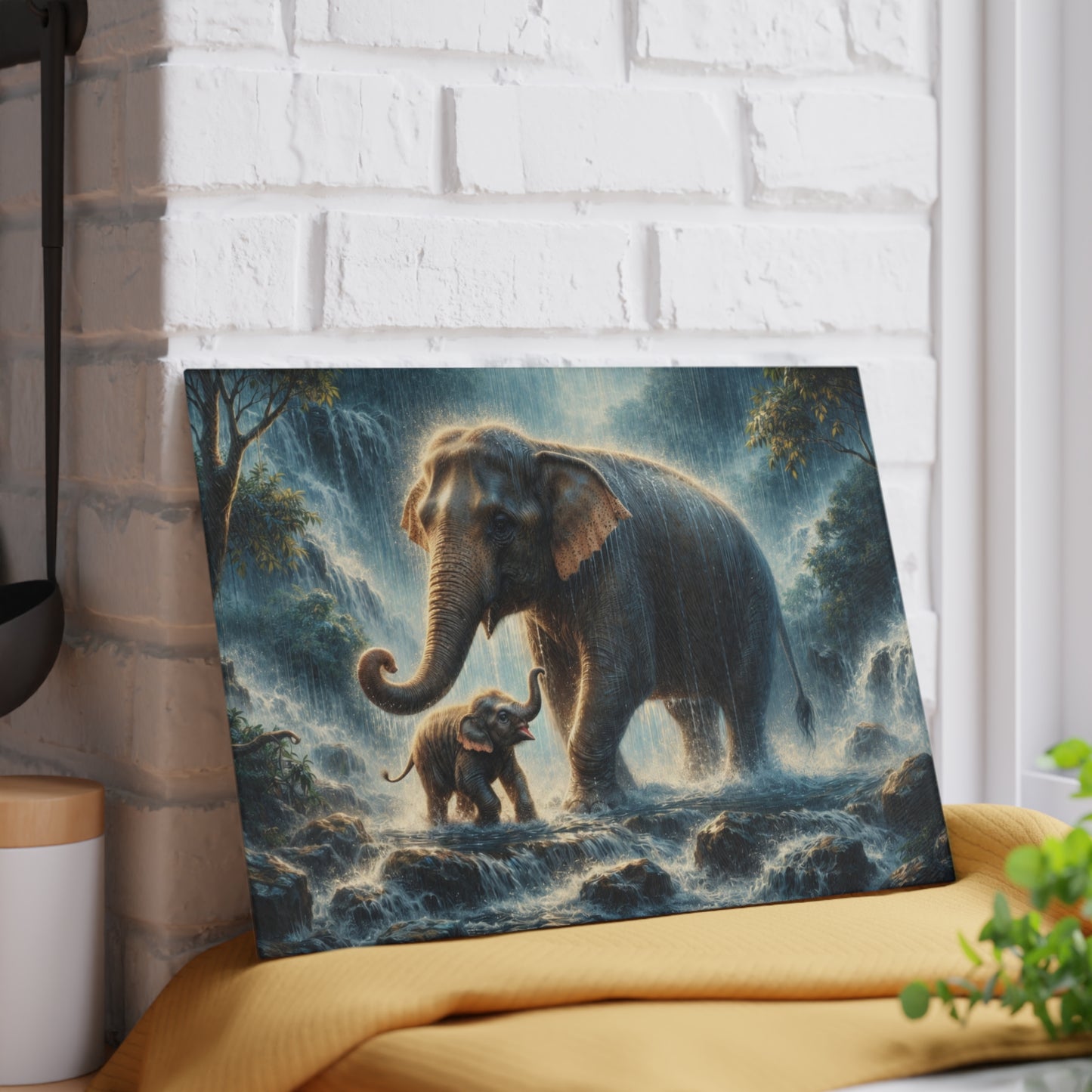 Elephant and Calf Rainforest Waterfall Glass Cutting Board – Dramatic Wildlife Kitchen Art