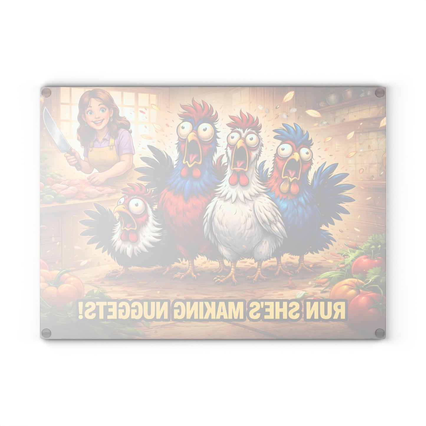 Run She’s Making Nuggets! Glass Cutting Board – Funny Chicken Kitchen Art
