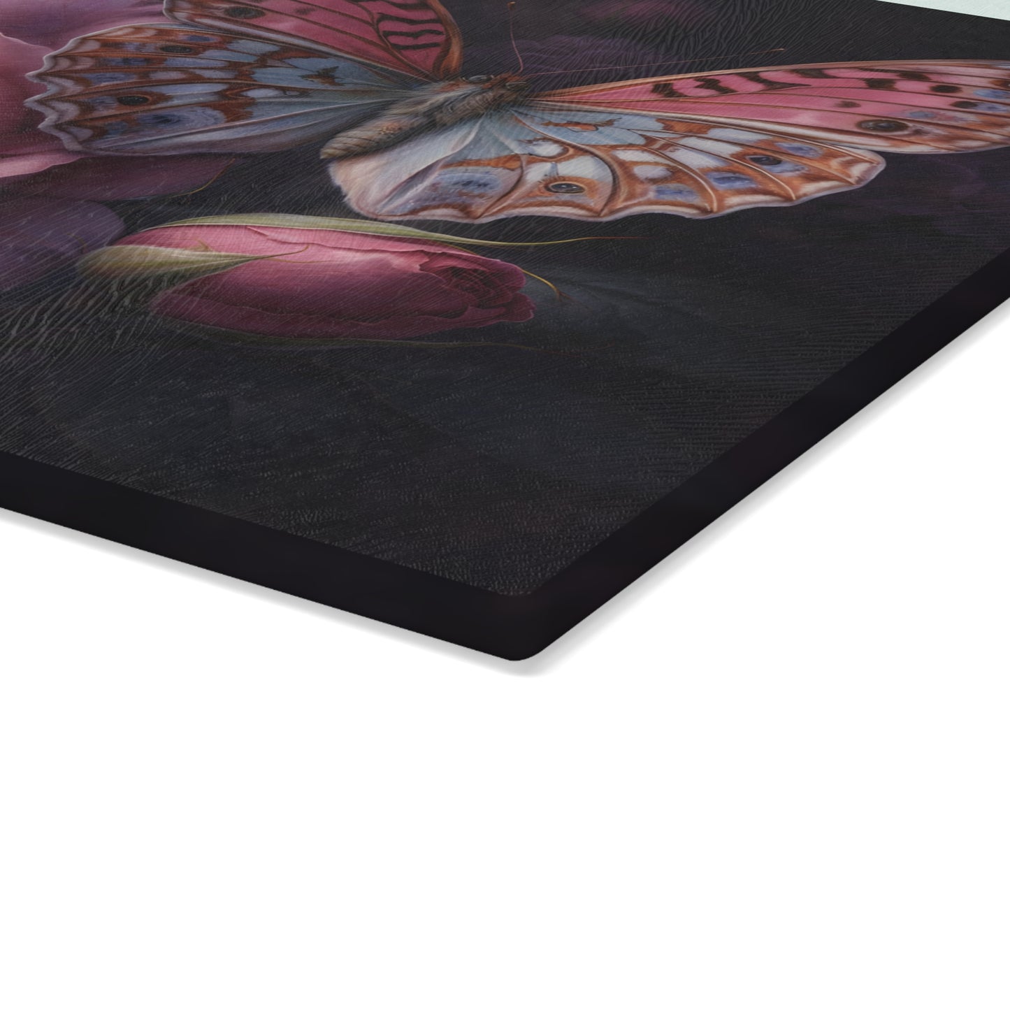 Pink Rose & Butterfly Glass Cutting Board – Elegant Dark Floral Nature Kitchen Décor