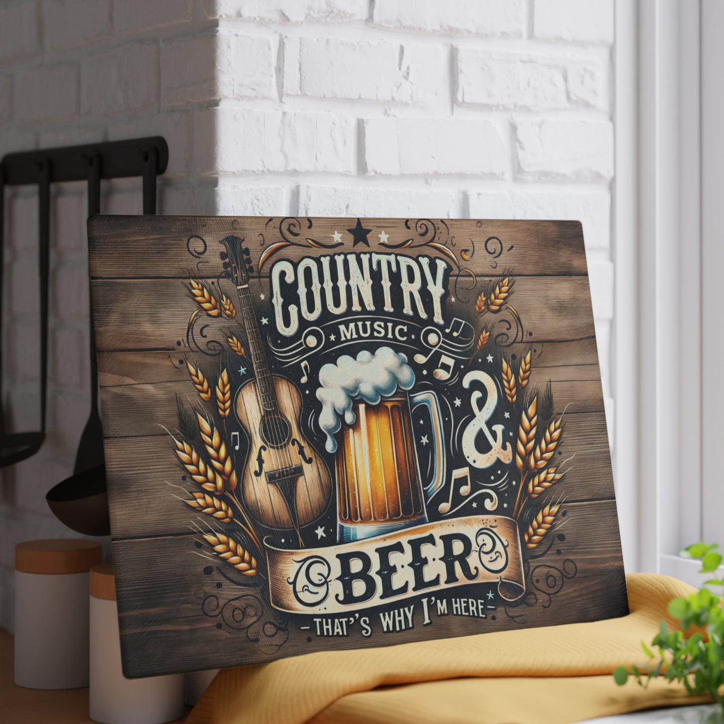 🍺🎸 Country Music & Beer Cutting Board – Rustic Pub Vibes for Kitchen & Bar 🌾🎶