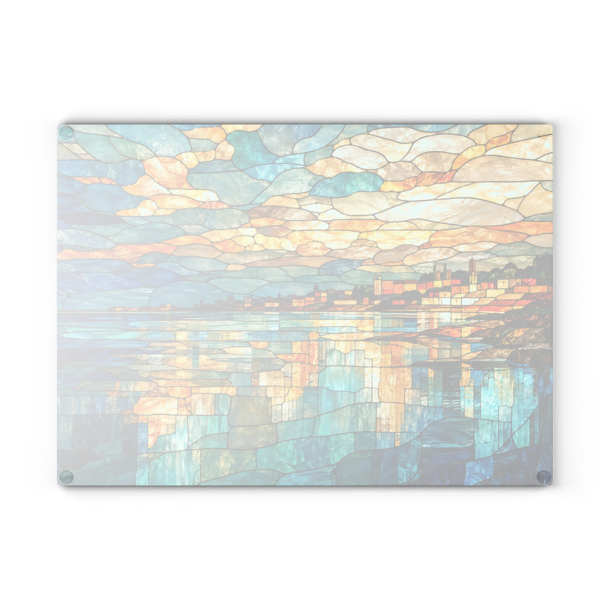 Coastal Waterfront Stained-Glass-Inspired Glass Cutting Board – Ocean Kitchen Decor