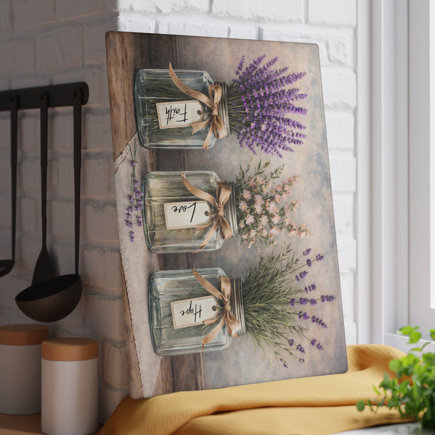 Faith Love Hope Glass Cutting Board – Rustic Mason Jar Florals with Lavender and Soft Pastels