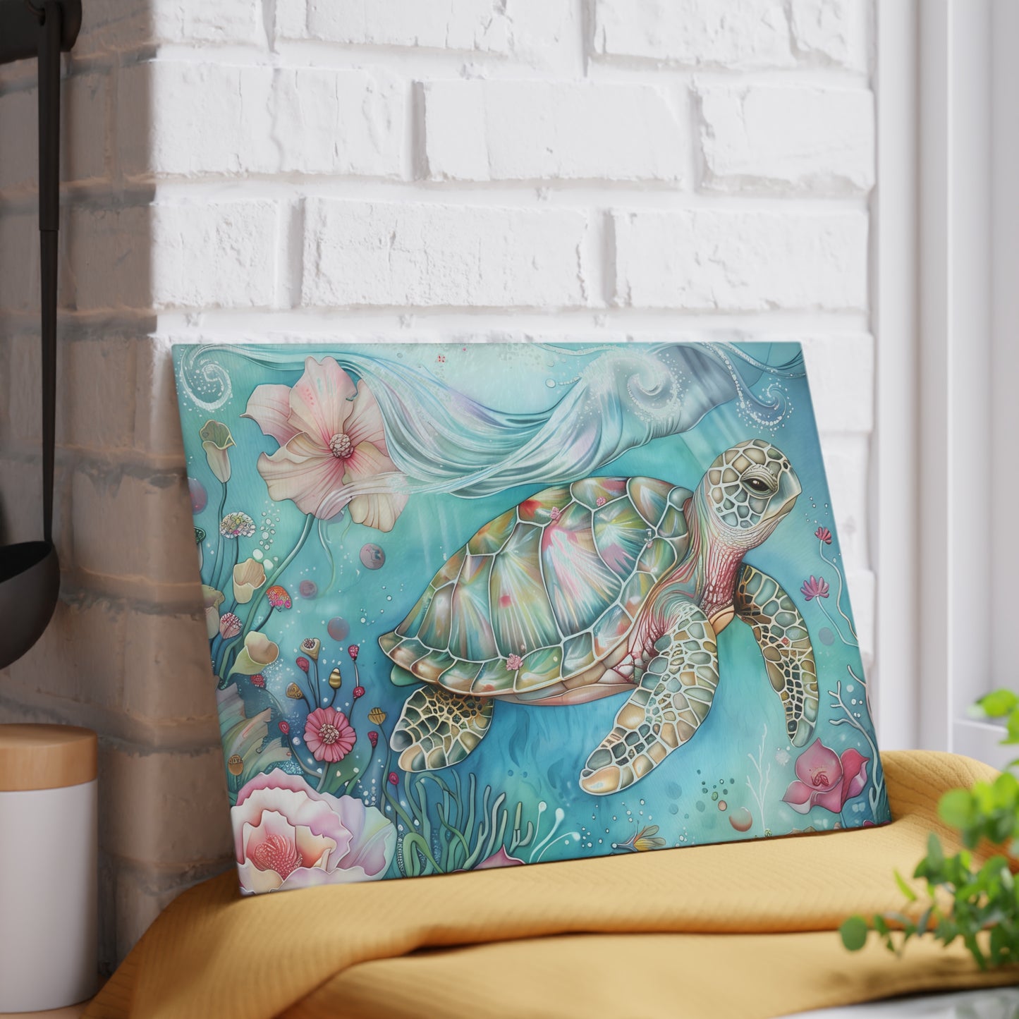🌊🌸 Escena floral submarina de tortugas marinas coloridas – Tabla de cortar de vidrio