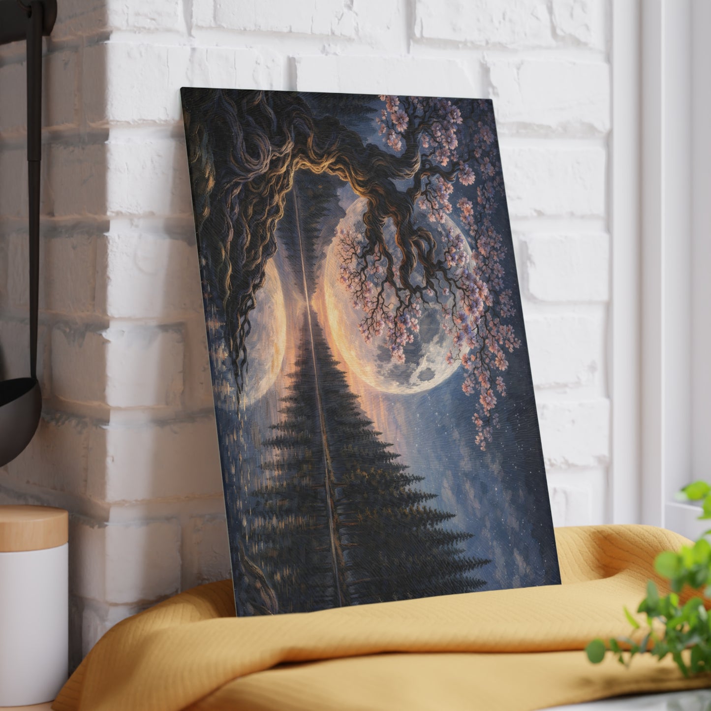 Moonlit Blossom Tree Glass Cutting Board – Dreamlike Night Landscape Art