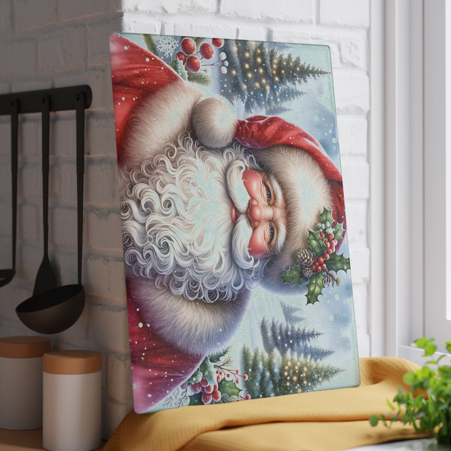 🎅✨ “Jolly Santa in the Pines” Glass Cutting Board – Cozy Charm for Your Kitchen