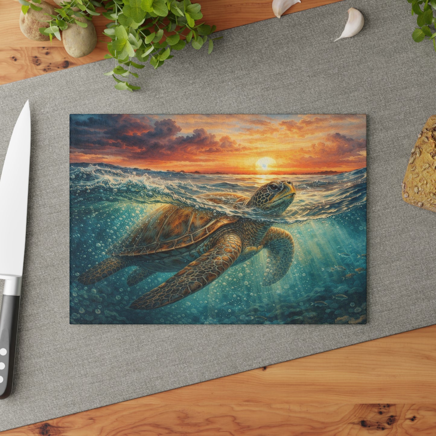 Sea Turtle Sunset Glass Cutting Board – Coastal Ocean Wildlife Kitchen Decor