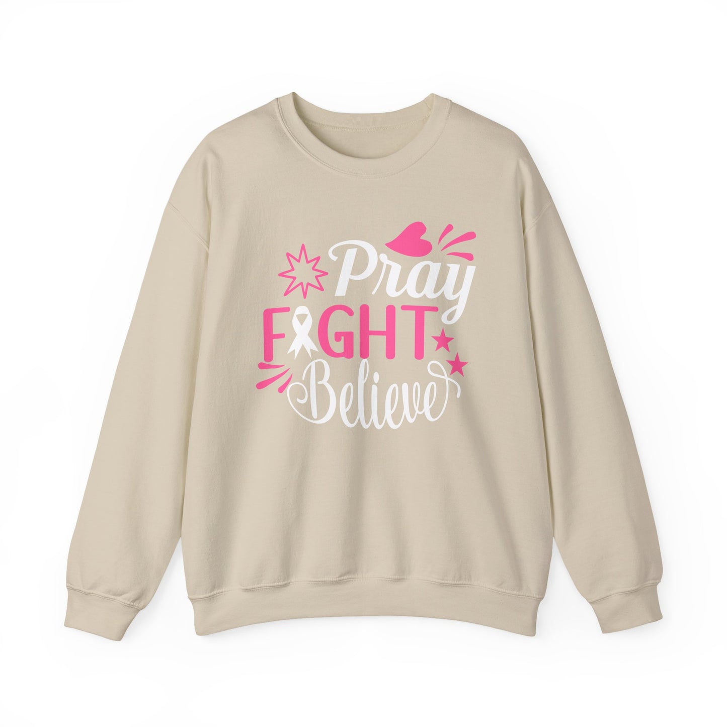 🙏🎀 Pray Fight Believe Sweatshirt – Breast Cancer Awareness & Faith Crewneck