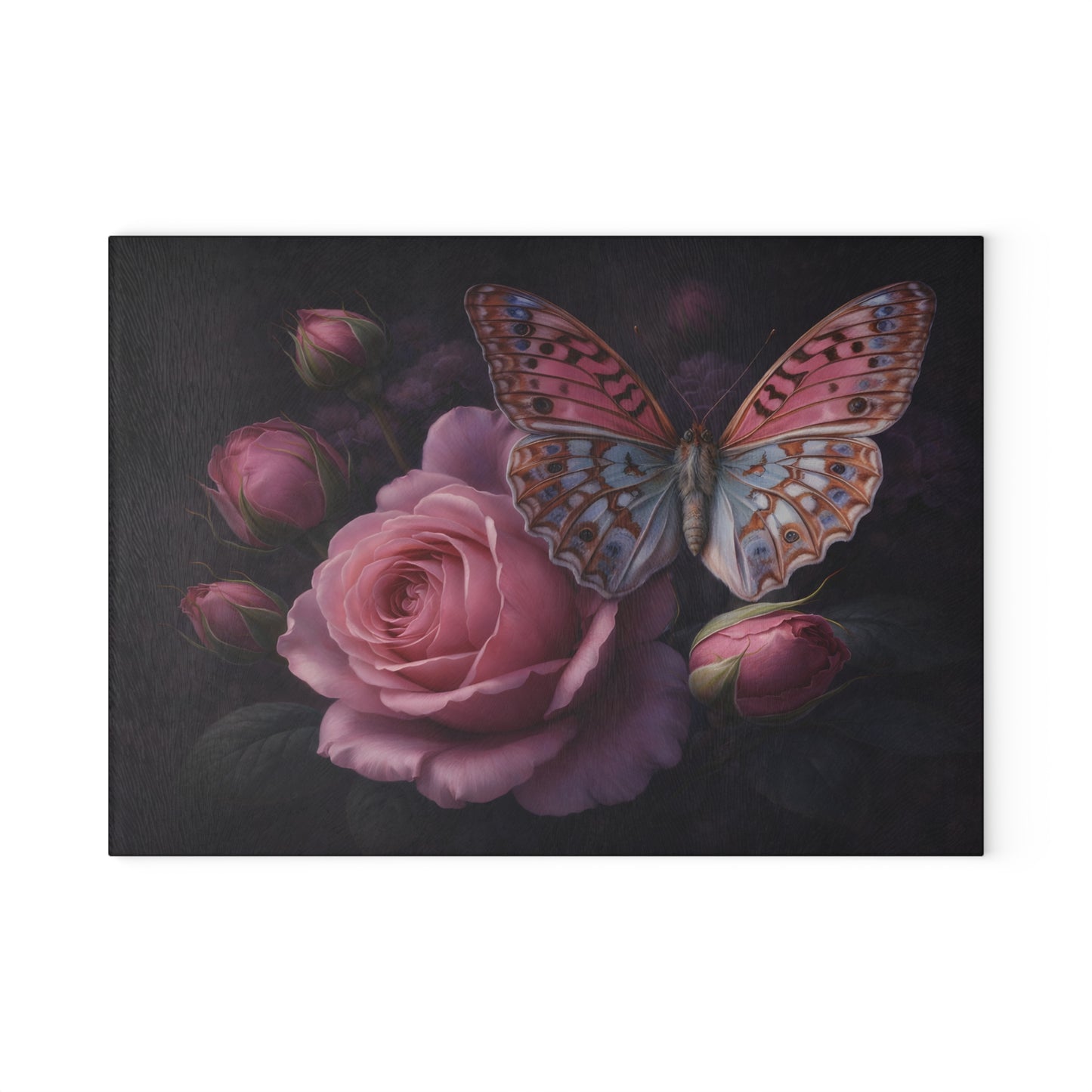 Pink Rose & Butterfly Glass Cutting Board – Elegant Dark Floral Nature Kitchen Décor