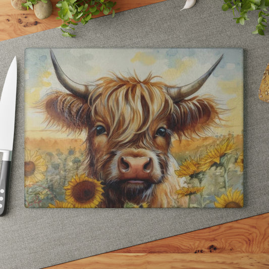 Tabla de cortar de vidrio templado con diseño de vaca de las Tierras Altas, tabla de cortar con diseño de girasol, decoración rústica de granja, regalo para amantes de las vacas, tabla de charcutería, regalos para vacas