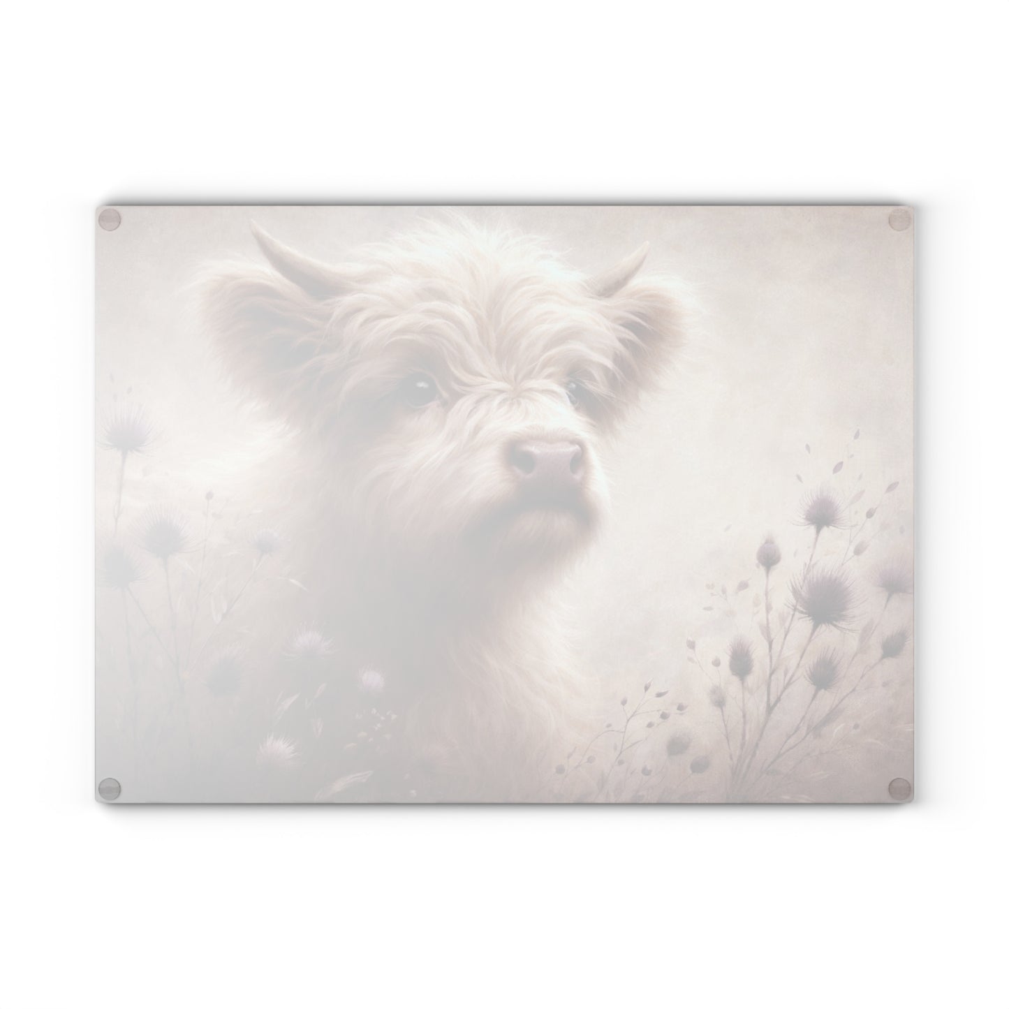 Gentle Highland Calf Glass Cutting Board – Soft Farmhouse Kitchen Art with Floral Accents