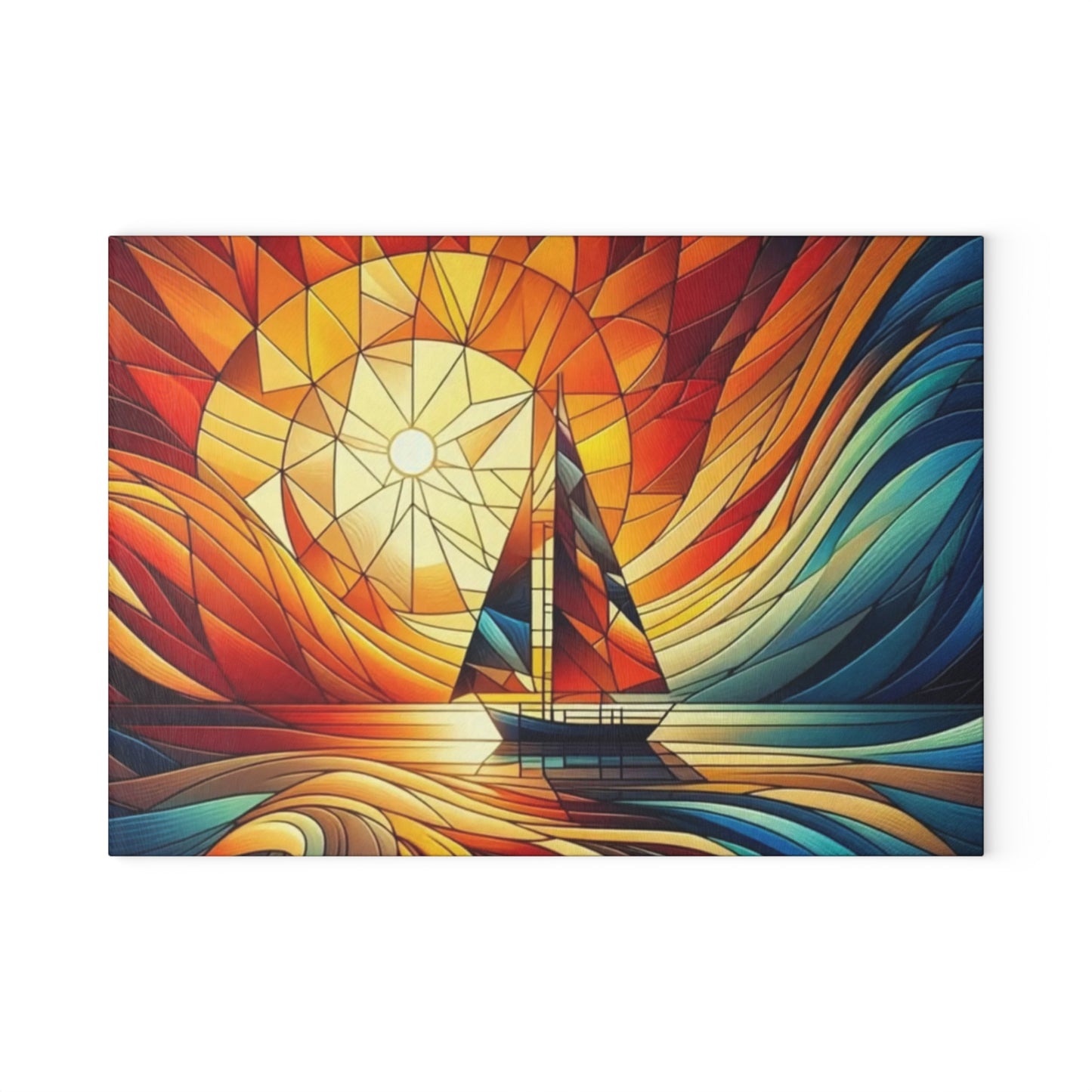 Tabla de cortar con diseño de velero al atardecer con aspecto de vitral: arte costero colorido para la cocina