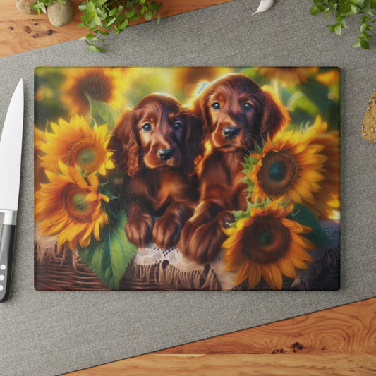🐾 Sunflower Setter Pups Cutting Board – Golden Blooms & Puppy Love for Your Kitchen