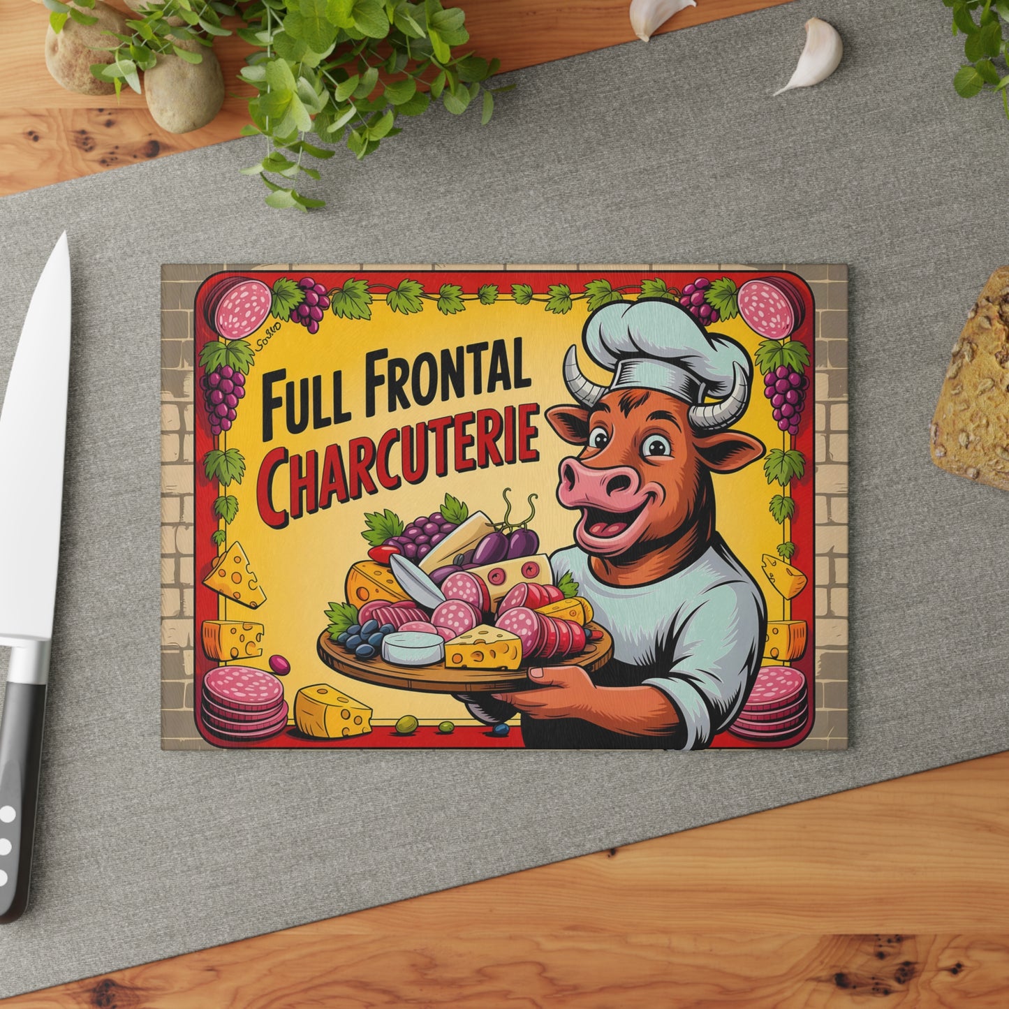 Tabla de cortar charcutería frontal completa: divertida decoración de cocina de Bull Chef para amantes de la carne y el queso
