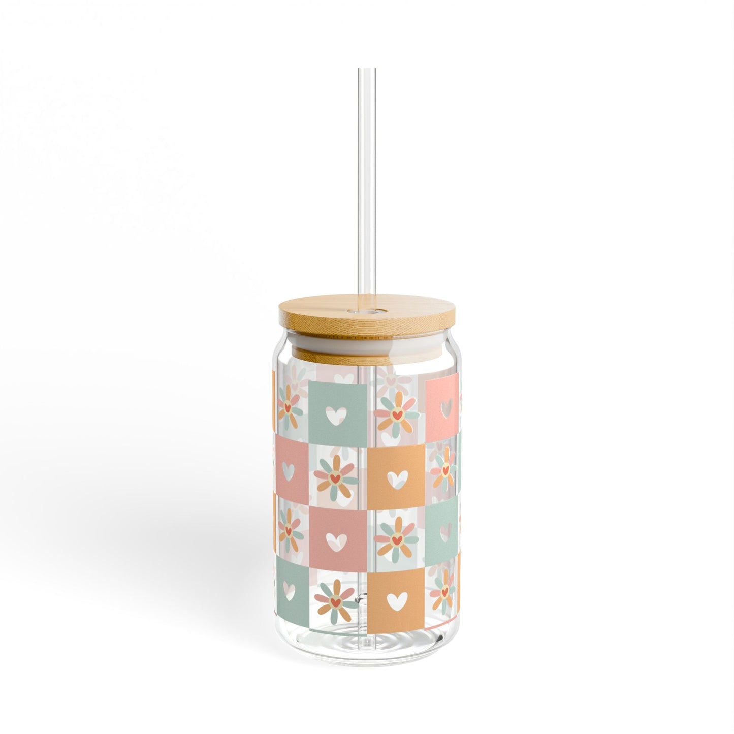 🧡🌼 Pastel Hearts & Flowers Sipper Glass – Retro Charm for Every Sip 💗✨