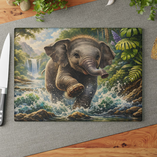 Playful Jungle Elephant Glass Cutting Board – Tropical Waterfall Wildlife Kitchen Art