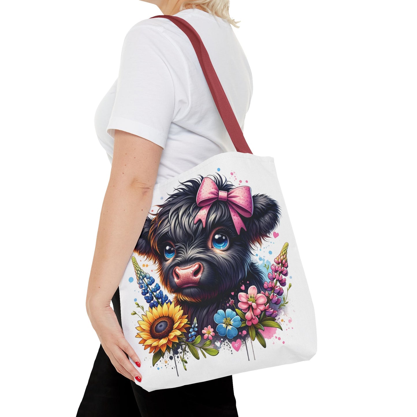 🌸 Black Highland Calf Floral Tote Bag – Sweet Style for Every Age 🐮👜