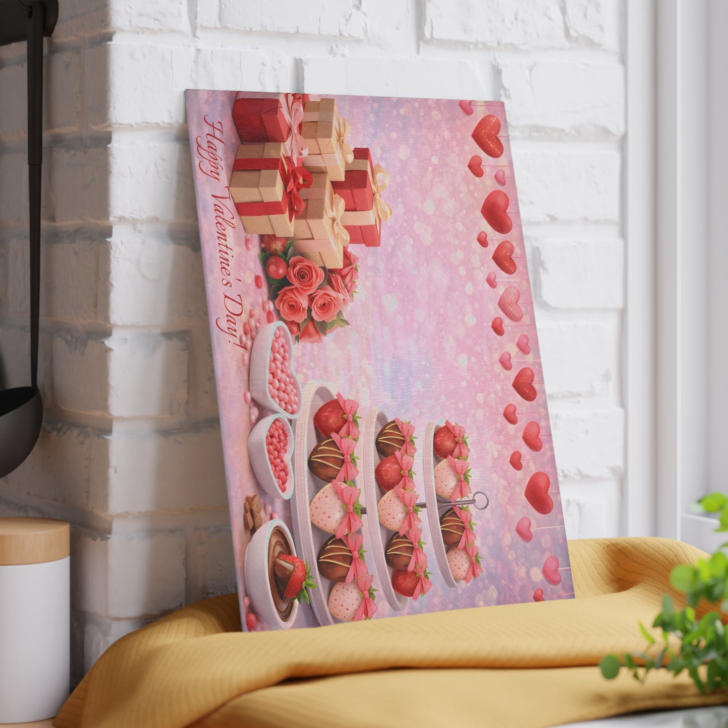 Chocolate-Covered Strawberry Valentine Glass Cutting Board – Personalized Romantic Dessert Display
