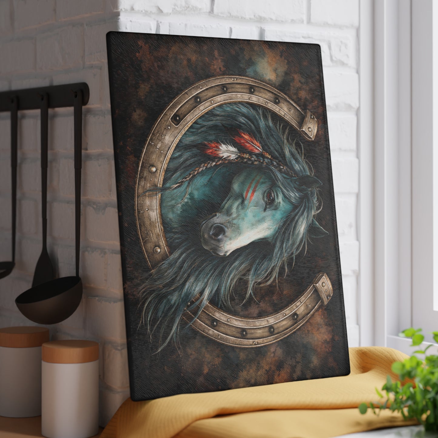 Spirit Horse Horseshoe Glass Cutting Board – Western Equine Art with Rustic Strength