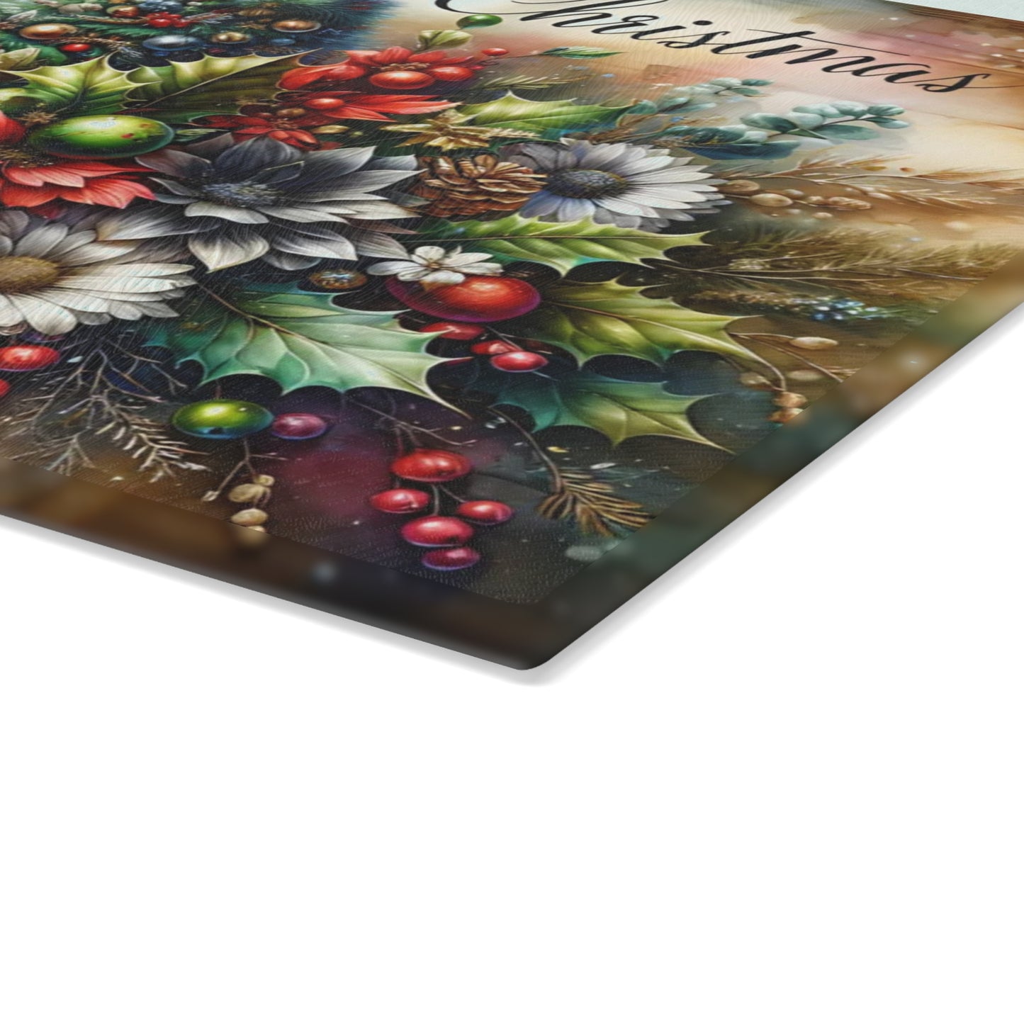 🎄✨ “Merry Christmas Bouquet” Glass Cutting Board – Festive Holiday Centerpiece for Your Kitchen