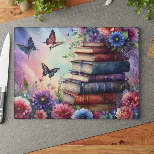 Tabla de cortar con forma de mariposa, regalo para amantes de los libros, tabla de cortar de vidrio, tabla de vidrio templado, regalo para ratones de biblioteca, idea de regalo de cocina, decoración de cocina única