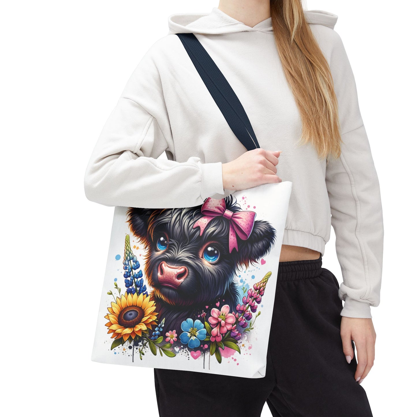 🌸 Black Highland Calf Floral Tote Bag – Sweet Style for Every Age 🐮👜