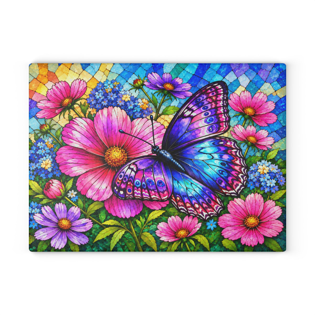 Colorful Butterfly & Wildflowers Stained-Glass-Inspired Glass Cutting Board