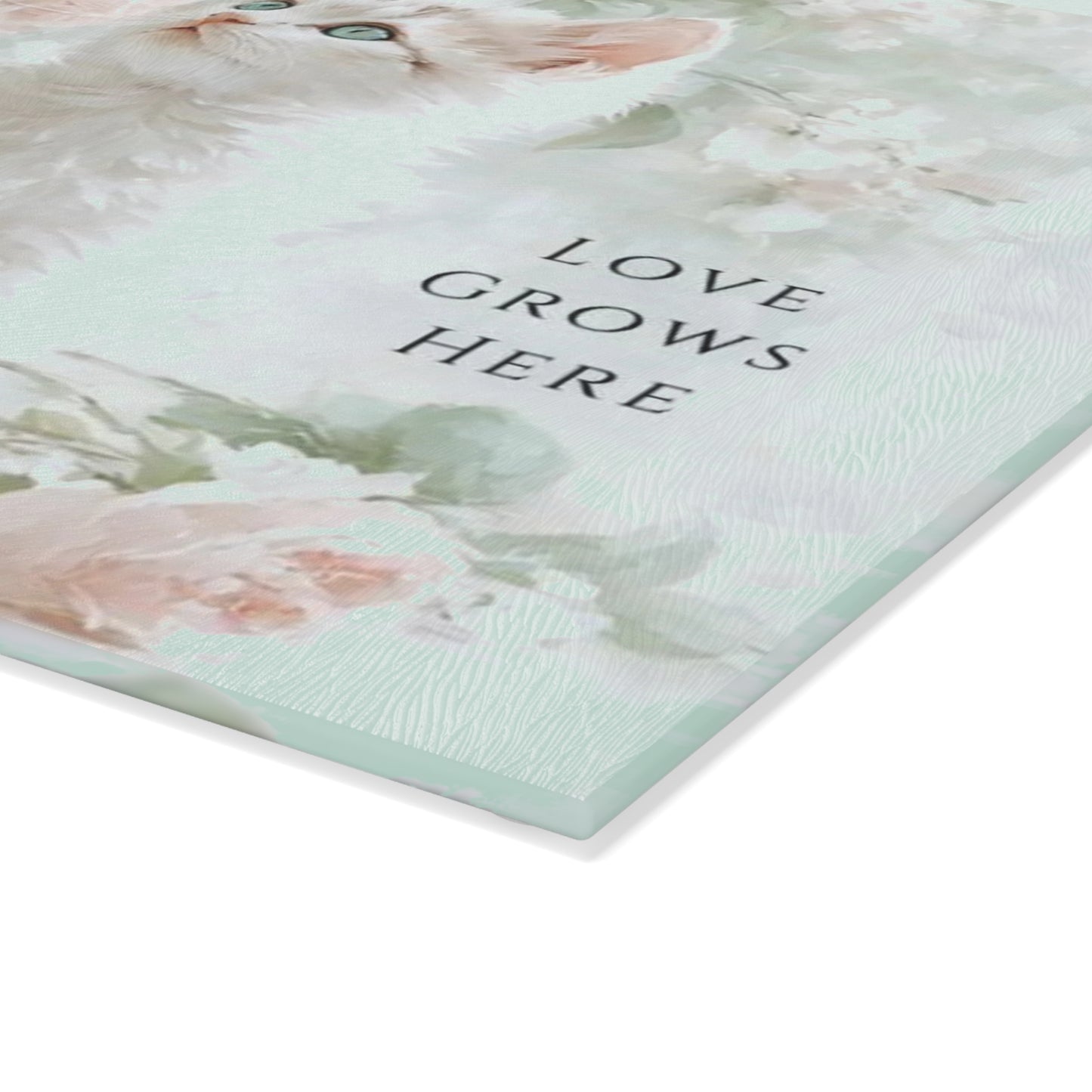 🐱🌸 “Love Grows Here” Glass Cutting Board – Soft Cottage Floral Charm