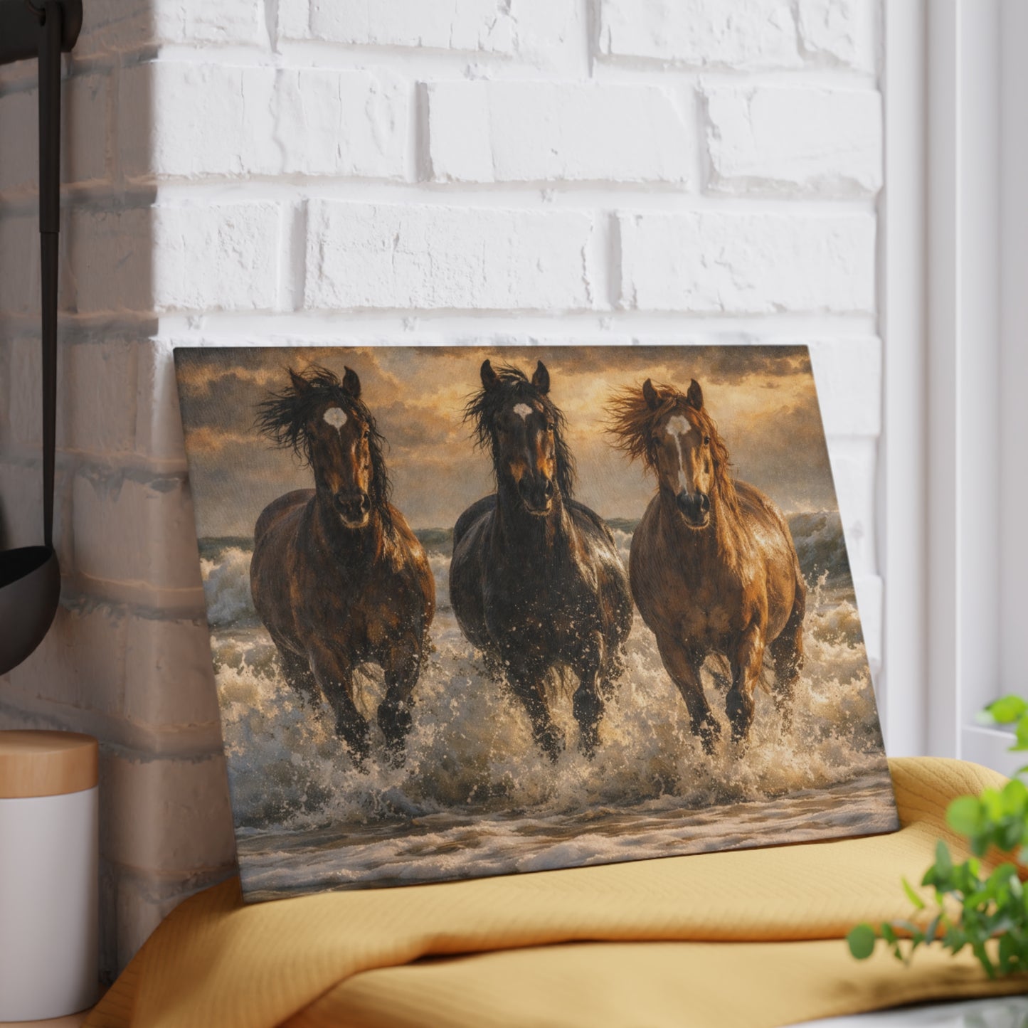 Running Horses on the Beach Glass Cutting Board – Coastal Horse Lover Farmhouse Kitchen Decor