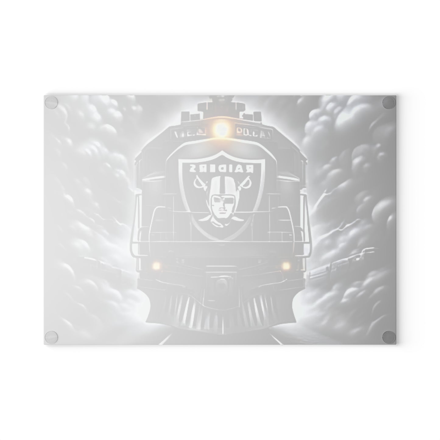 Silver & Black Express Glass Cutting Board – Sleek Train Art for Bold, Modern Kitchens