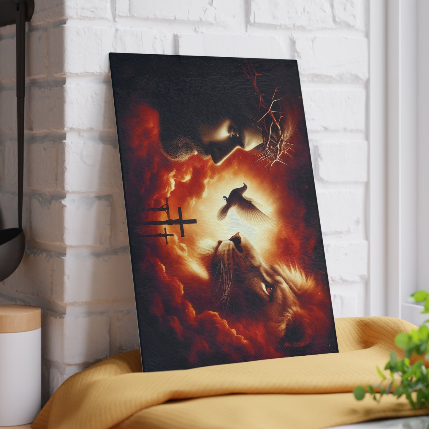 Sacred Light Glass Cutting Board – Faith-Inspired Lion, Dove & Cross Artwork Kitchen Display
