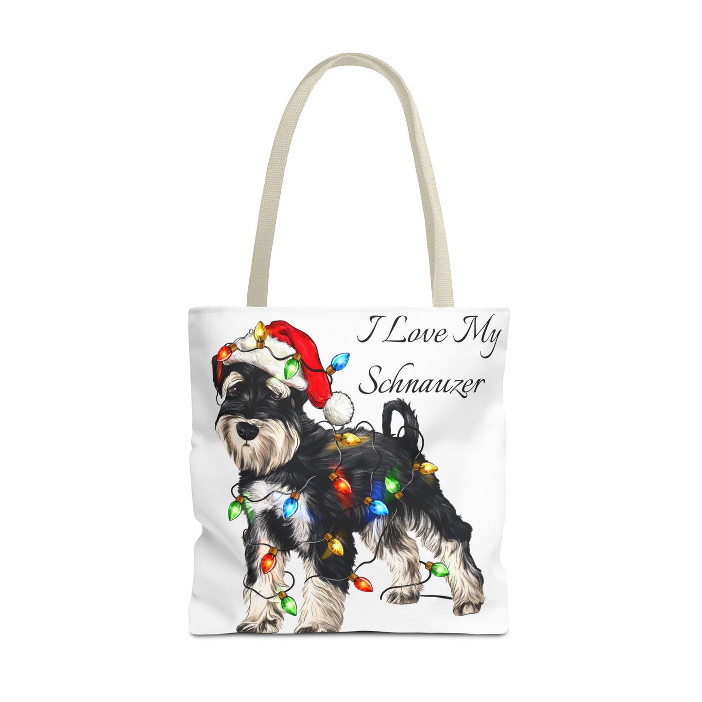 🎄 I Love My Schnauzer Tote Bag – Christmas Lights & Holiday Woofs 🐾