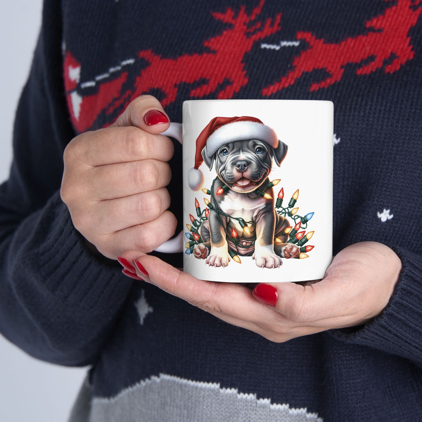 🎄 Pitbull Christmas Lights Mug – Holiday Cheer for Dog Lovers 🐾