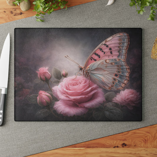 Blush Butterfly & Rose Glass Cutting Board – Elegant Floral Butterfly Kitchen Art