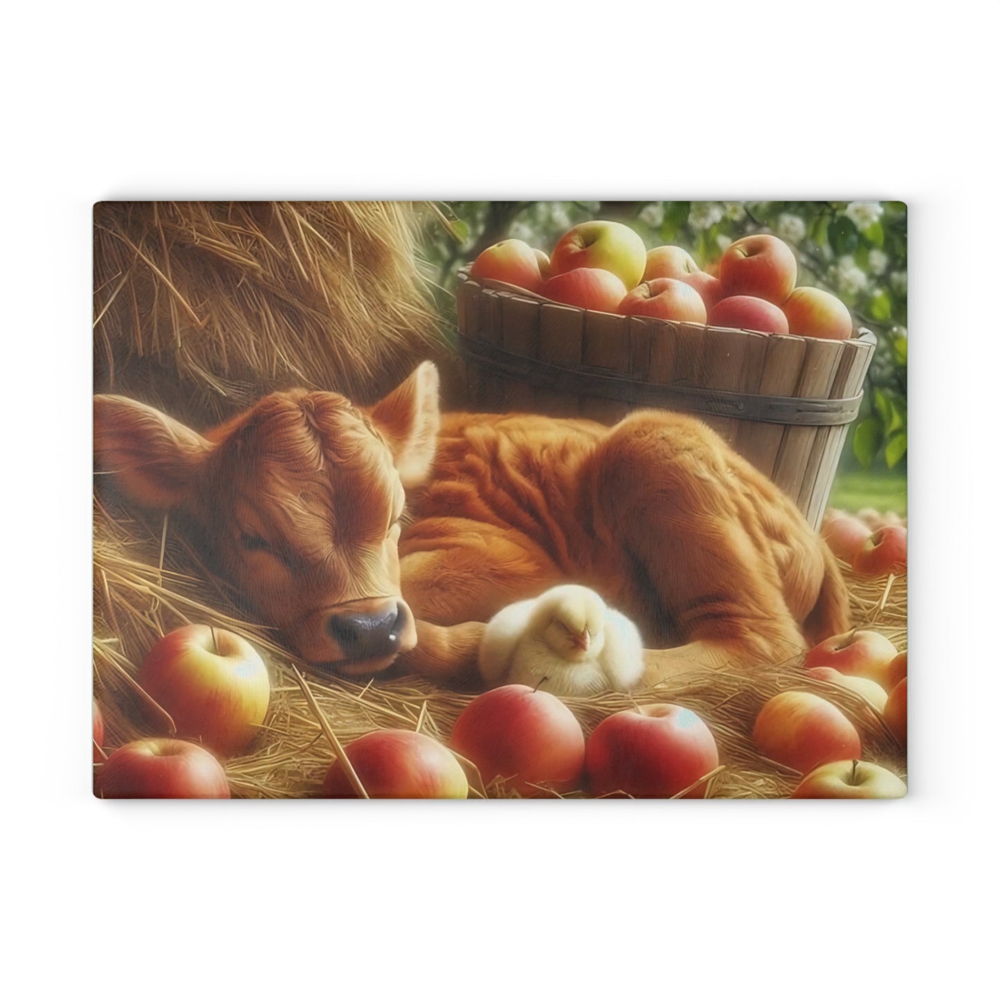 Tabla de cortar con diseño de vaca y pollito en heno con manzanas, regalo único, tabla de cortar de vidrio, tabla de charcutería, tabla de cortar personalizada